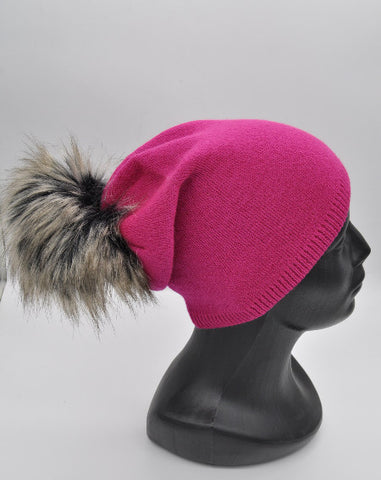 Women's / Teenager Pink Beanie with Pompom | 12K3653-P