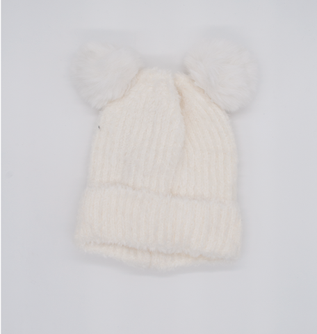 White Girls' Minky Beanie with Two Pom-Pom ~ 2-6 years | 083-W