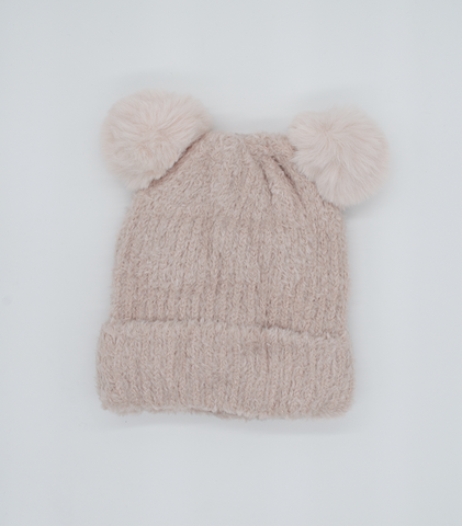 Beige Girls' Alpaca Beanie with Two Pom-Pom | 083-BE