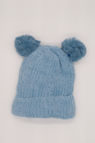 Blue Girls' Minky Beanie with Two Pom-Pom ~ 2-6 years | 083-B