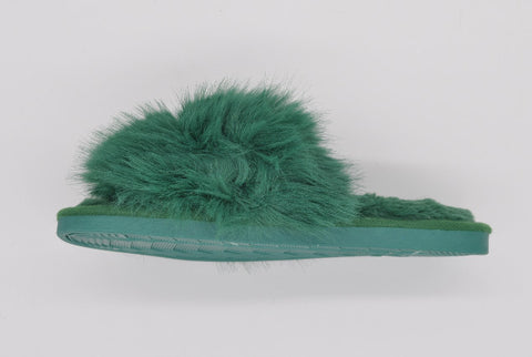 Womens Open Toe Green Slippers with Fluffy Cuff | 36P-GR