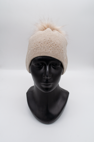 Women's / Teenager Beige Beanie with Pompom | 9K1636-BE