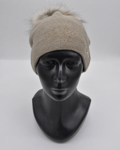 Women's / Teenager Dark Beige Beanie with Pompom | 9K1636-DBE