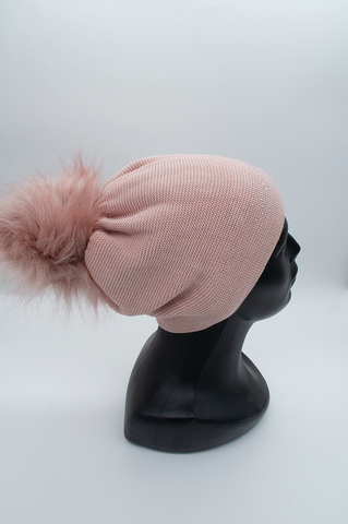 Women's / Teenager Powder Pink Beanie with Pompom | 9K1636-PP