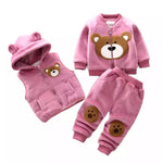 Girls' Pink Velour Vest, Bomber Sweatshirt and Pants Set with Bear | S-188G