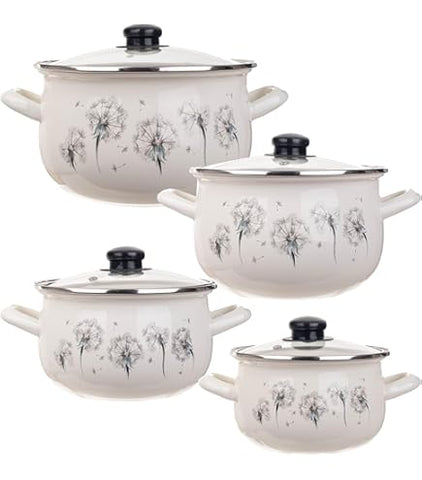 Enameled Cookware 8-elements Set of Pots with Dandelions Pattern and Lid | 42077