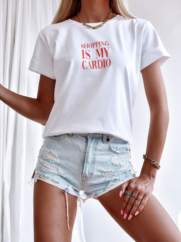 White T-Shirt with SHOPPING IS MY CARDIO Print | FL-51