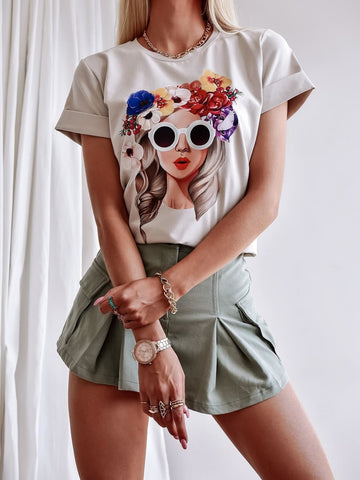 Beige T-Shirt with Summer Face Print | FL-44