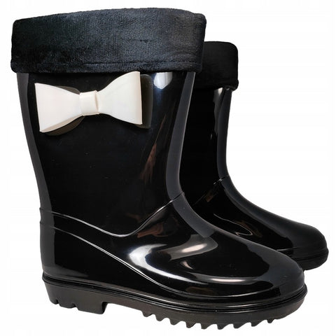 Black Rain Boots with Black Cuff and White Bow | Y053