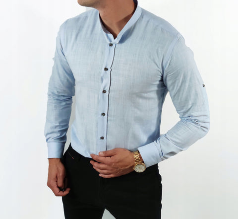 Mens' Blue Slim Fit Shirt with Stand-up Collar - Koszula na stojce | KUD-BL
