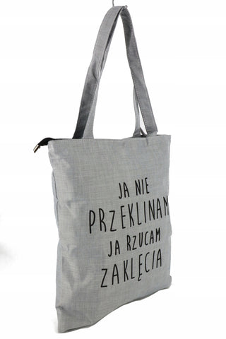 Gray Cotton Shopping Bag with Zipper - Ja nie przeklinam ja rzucam zaklęcia | 7GA0514-G