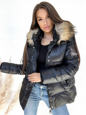 Black Hooded Jacket with Fur | B218928-BL