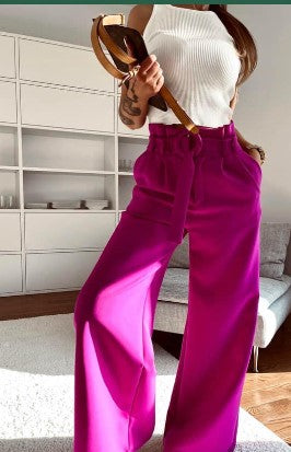 Italian-style Elegant Fuchsia High Waist Wide Leg Pants