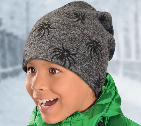 Gray Fleece Beanie with Spider Pattern ~ 6-12 years | 30/256