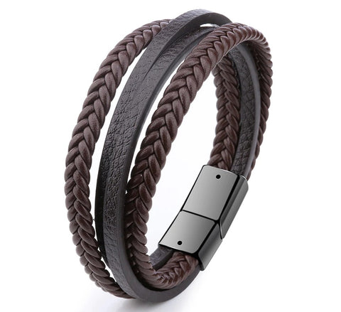 Mens' Brown Leather Multilayer Braided Bracelet | BLU-BR-21-1