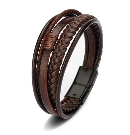 Mens' Brown Leather Multilayer Braided Knot Bracelet | BLU-BR-21