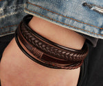 Mens' Brown Leather Multilayer Braided Knot Bracelet | BLU-BR-21