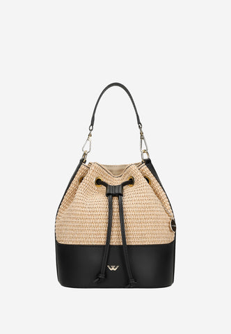 Wojas Black and Beige Leather and Raffia Shoulder Bag | 8037881