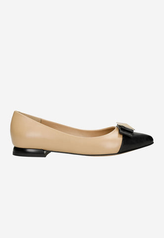Wojas Beige and Black Leather Ballet Flats with Bow | 4629954