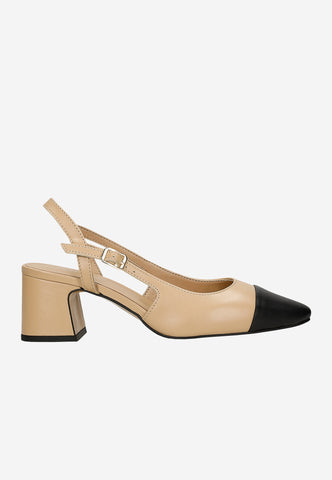 Wojas Beige and Black Leather Heels with Single Strap | 3514754