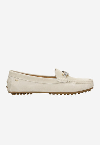 Wojas Beige Velour Leather Loafers with Decorative Crystals | 4632864