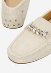 Wojas Beige Velour Leather Loafers with Decorative Crystals | 4632864