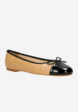 Wojas Beige and Black Leather Ballet Flats with Decorative Bow | 4403574