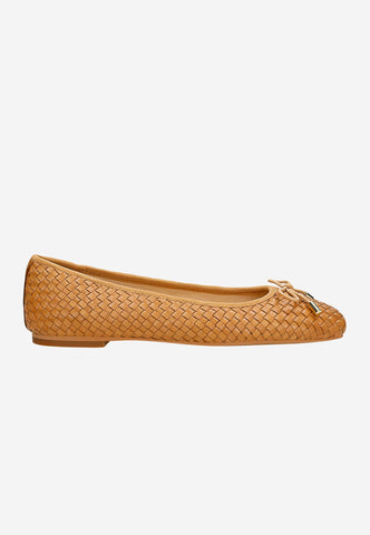 Wojas Brown Braided Leather Ballet Flats with Decorative Bow | 4404553