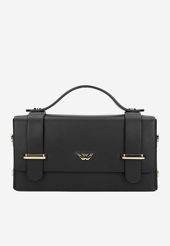 Wojas Black Boxy Leather Crossbody Bag with Golden Logo | 8032951