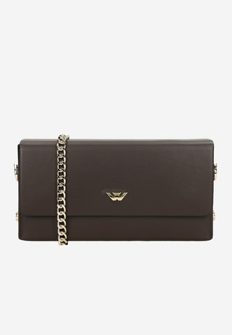 Wojas Dark Brown Leather Crossbody Bag with Golden Logo | 8034152