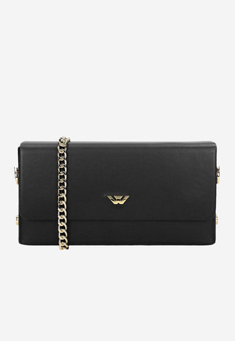 Wojas Black Leather Crossbody Bag with Golden Logo | 8034151