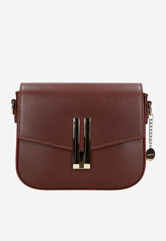 Wojas Burgundy Leather Crossbody Bag with Golden Details | 8045055