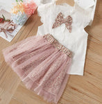 Girls' Cotton Shirt with Bow and Pink Skirt Set | BLG-01