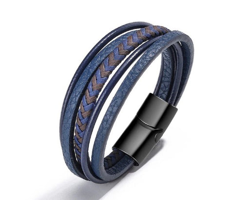 Mens' Navy Blue and Brown Leather Multilayer Braided Bracelet | BLU-NBB