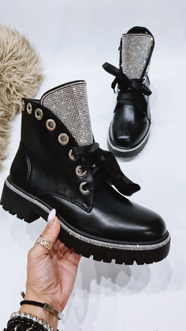 Women's Black Laced Up Ankle Boots with Sparkle Accents | NC1309-B