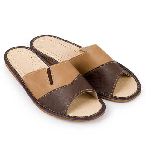 Men's Brown Leather Slippers | M-2049A