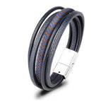 Mens' Navy Blue and Brown Leather Multilayer Braided Bracelet - Chrome Finish | BLU-NBB-CHR