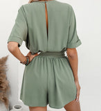 Women's Casual Belted Short Open Back Romper | 45A