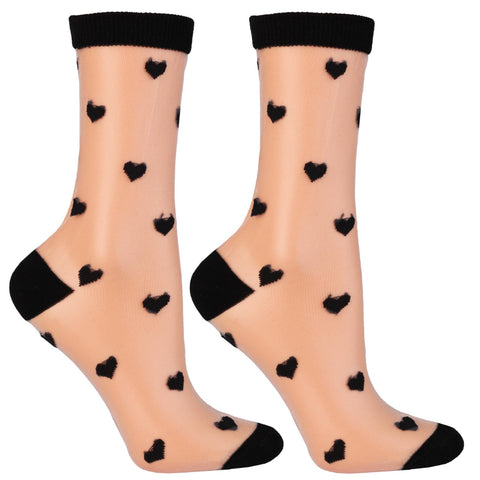 Women's Transparent Ankle Socks with Hearts Pattern | CSL200-902-BL