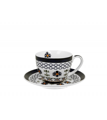White Porcelain Cup with Saucer and Floral Pattern - INDIGO 4 250 ml | 44233