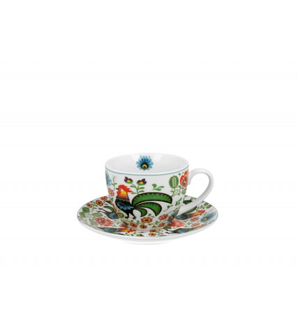 White Porcelain Cup with Saucer and Rooster Pattern - KOGUTY 250 ml | 4245
