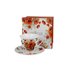 White Porcelain Cup with Saucer with Poppies Pattern - 250 ml | DUO-M02