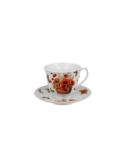 White Porcelain Cup with Saucer and Poppies Pattern - 250 ml | DUO-M02