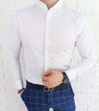 Mens' White Slim Fit Shirt with Stand-up Collar - Koszula na stojce | MANZ-W