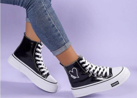 Women's Black Faux Leather High Sneakers | LA255P