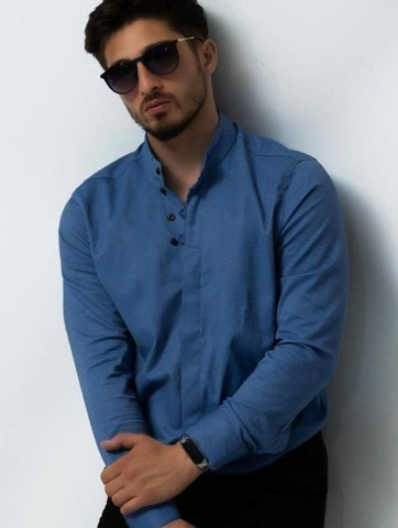 Men's Dark Blue Slim Fit Shirt with Stand-up Collar - Koszula na stojce | 7G7994