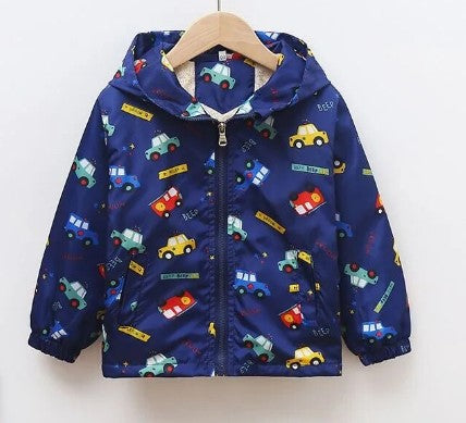 Boy's Hooded Windbreaker Insulated Jacket with Cars Pattern | JAC-02
