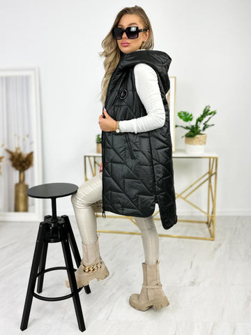 Women's Black Hooded Quilted Vest | B218237