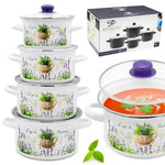 Enameled Cookware 8-elements Set of Pots with Floral Pattern and Lid | 42075