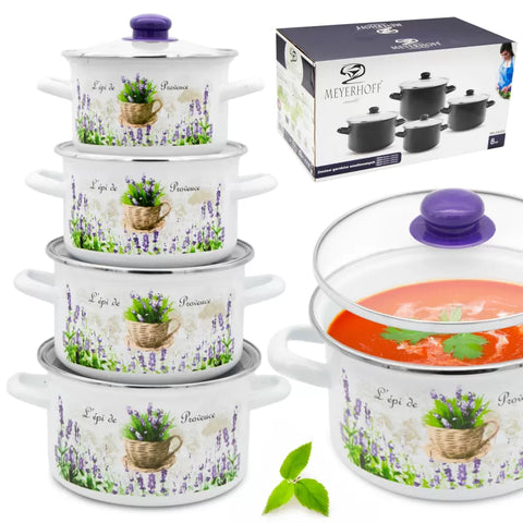 Enameled Cookware 8-elements Set of Pots with Floral Pattern and Lid | 42075